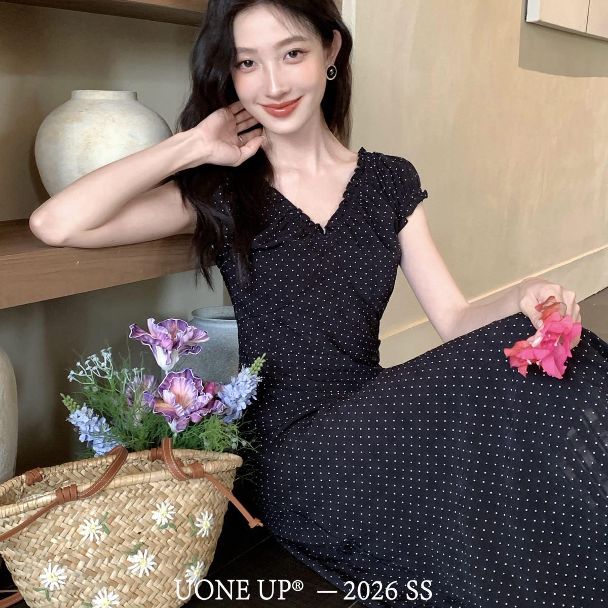 UONE-十三行黑天鹅法式复古芭蕾风波点木耳边连衣裙