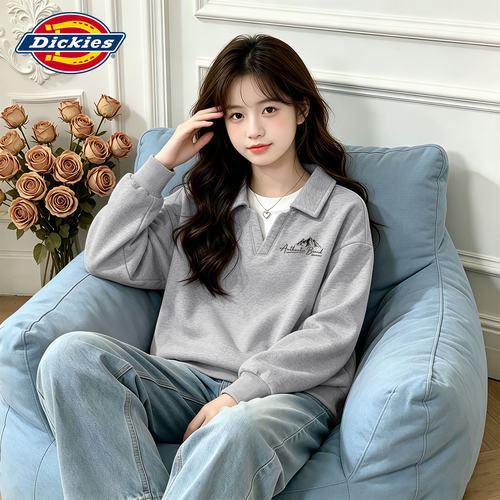 Dickies女童灰色卫衣2026新款儿童假两件上衣polo童装小女孩秋装