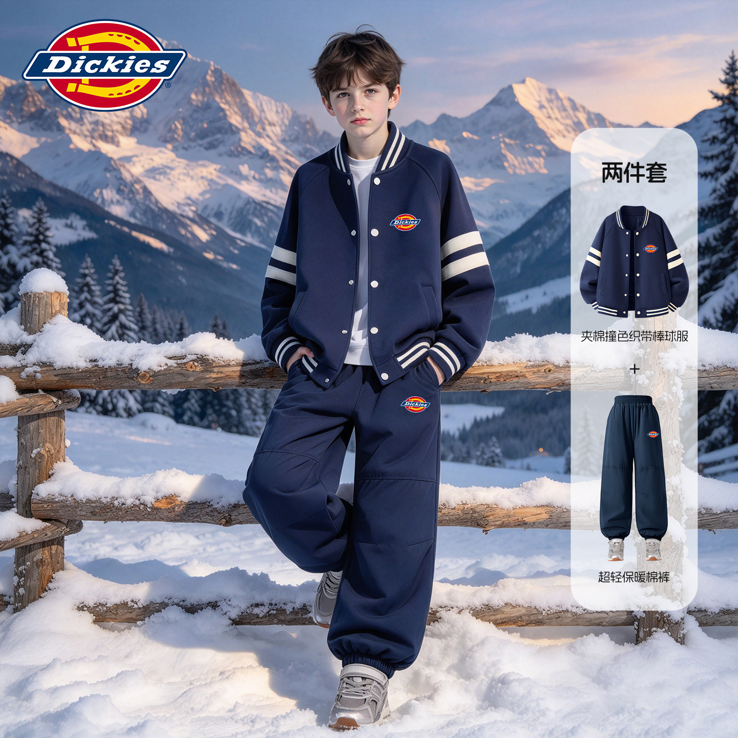 Dickies男童棒球服套装2026新款冬季小男孩夹棉外套冬装儿童棉裤