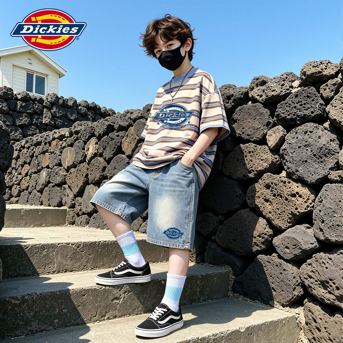 Dickies男童夏装套装2026新款男孩牛仔短裤儿童条纹短袖纯棉潮酷