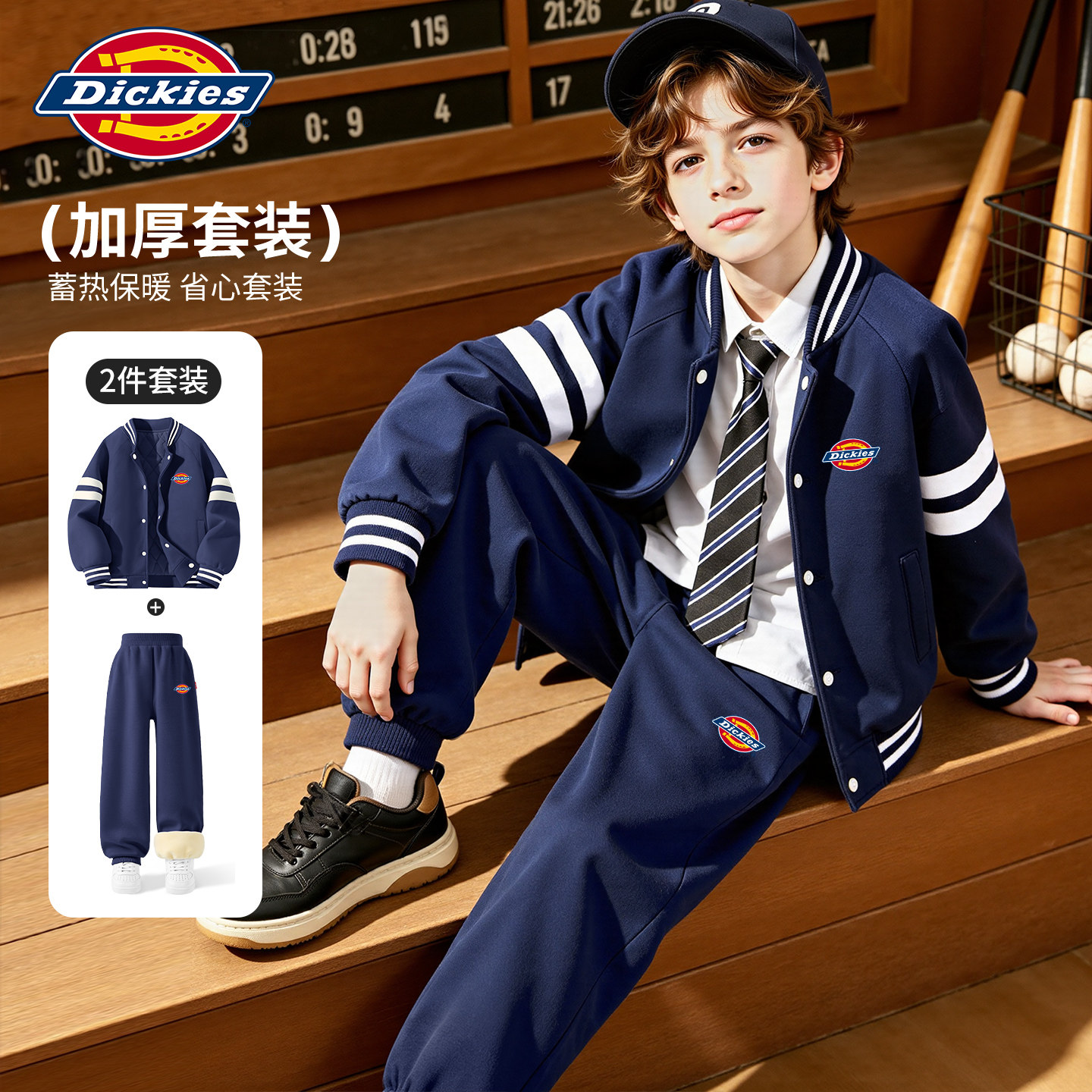 Dickies男童冬季套装2026新款男孩夹棉棒球服儿童休闲裤加绒冬装