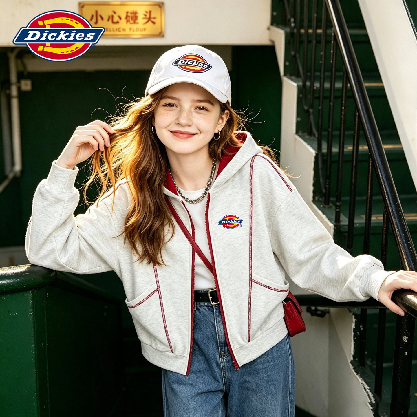 Dickies女童连帽外套2026新款春秋款儿童休闲灰色上衣小女孩秋装