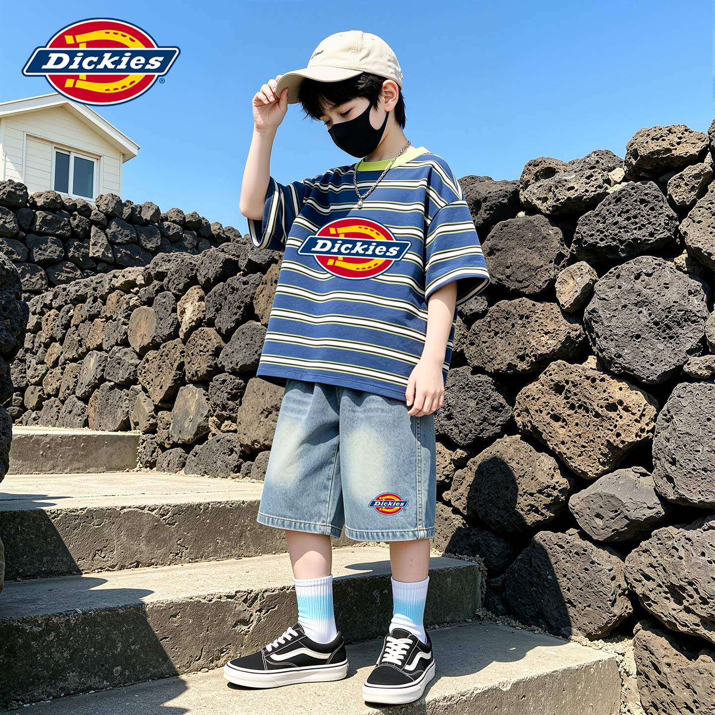 Dickies男童夏季套装2026新款儿童纯棉条纹短袖帅气大童牛仔短裤
