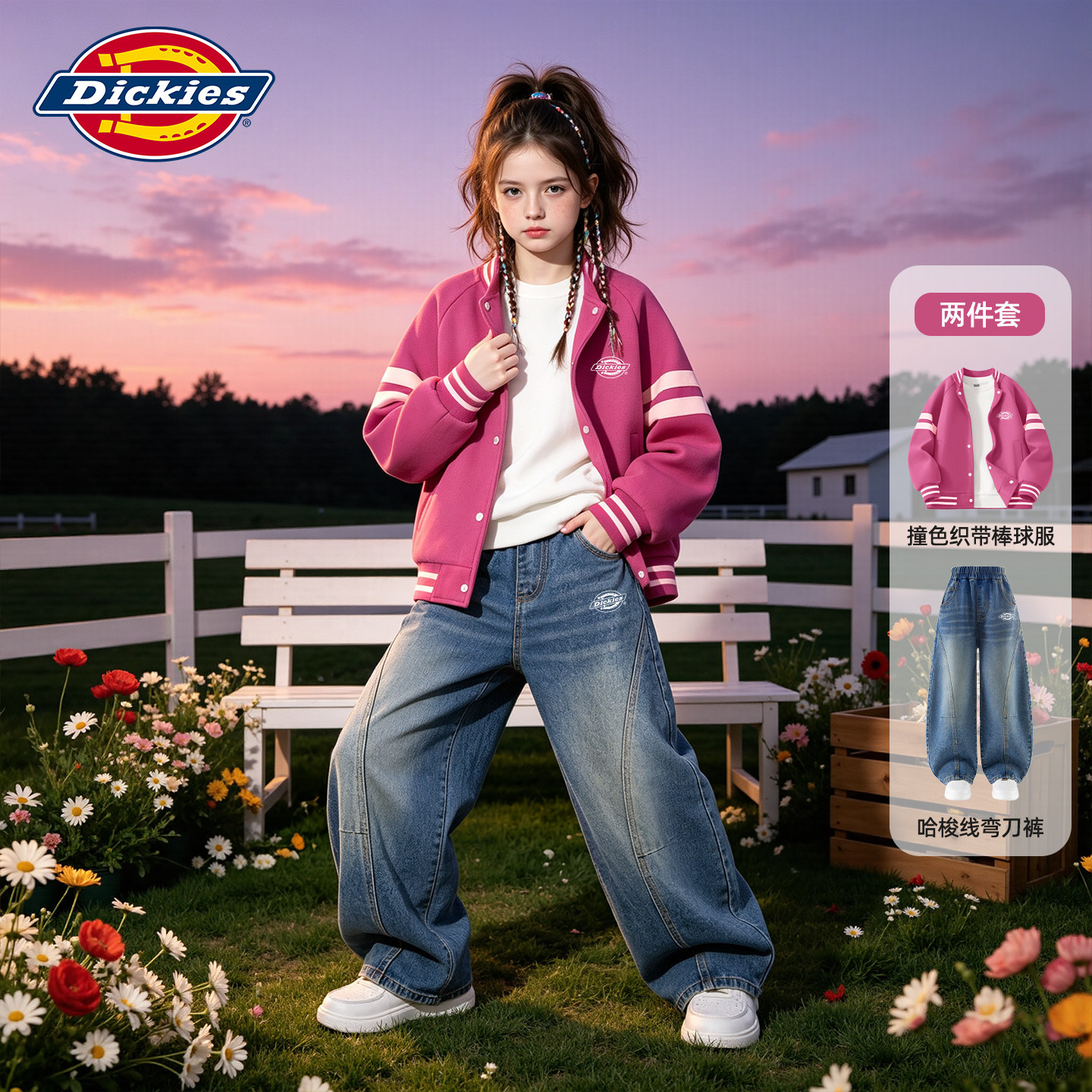 Dickies童装秋装女童棒球服套装2026新款中大童牛仔裤儿童弯刀裤