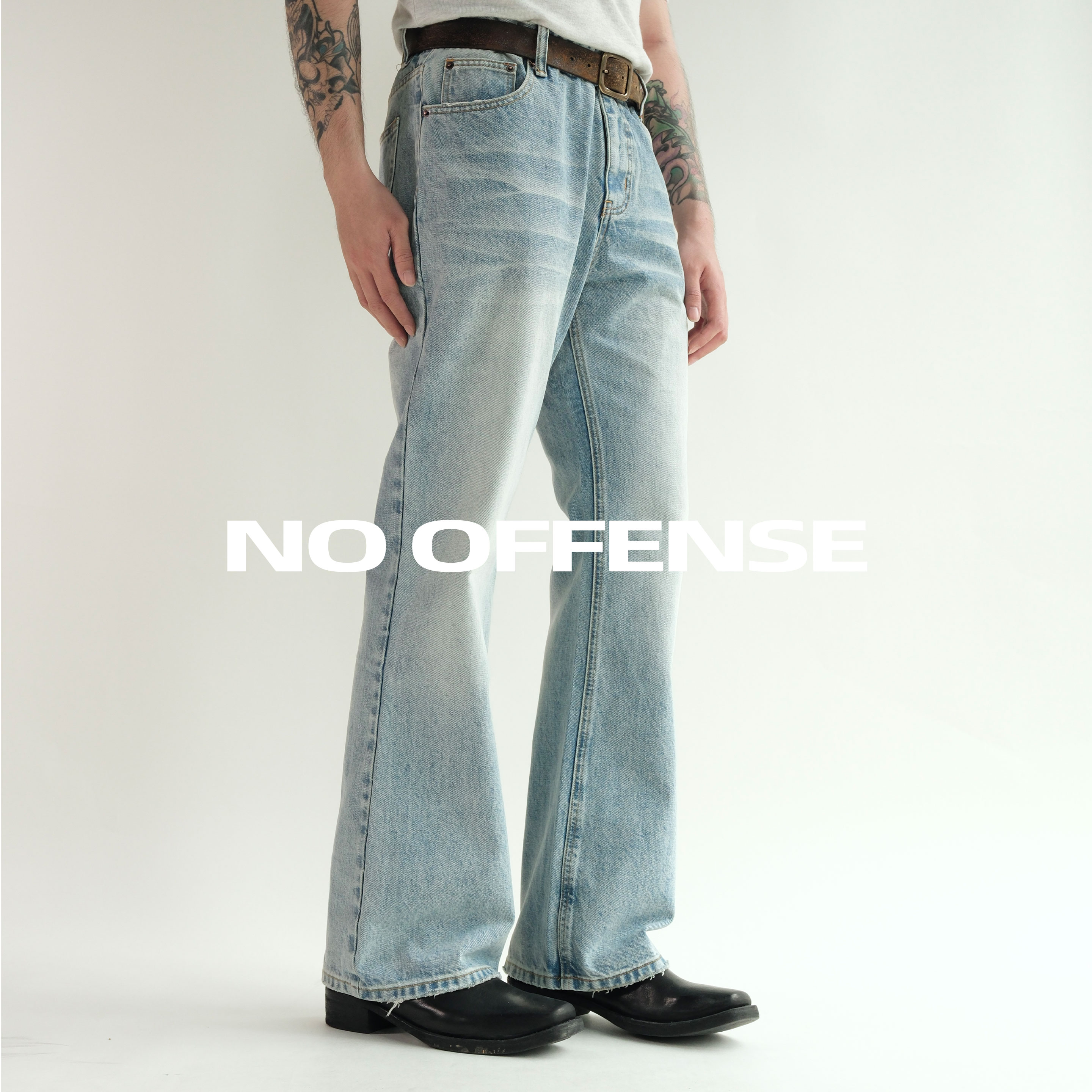 【豪门二公子】老朱NOOFFENSE新贵老钱静奢风浅蓝微喇牛仔裤男