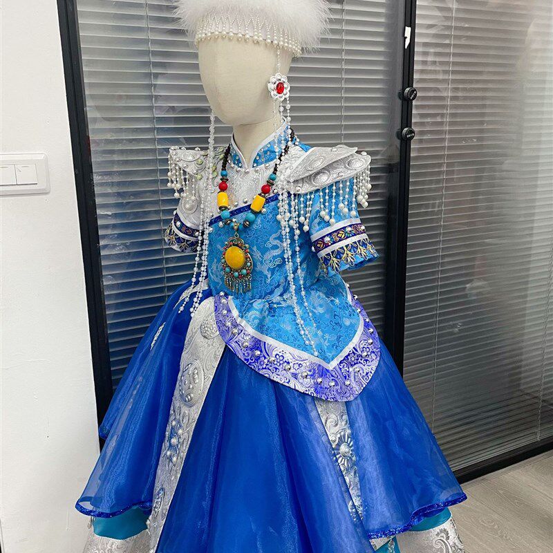 快乐阳光演出服中大童女独唱北方的草原蒙古族天空之镜民族小礼服