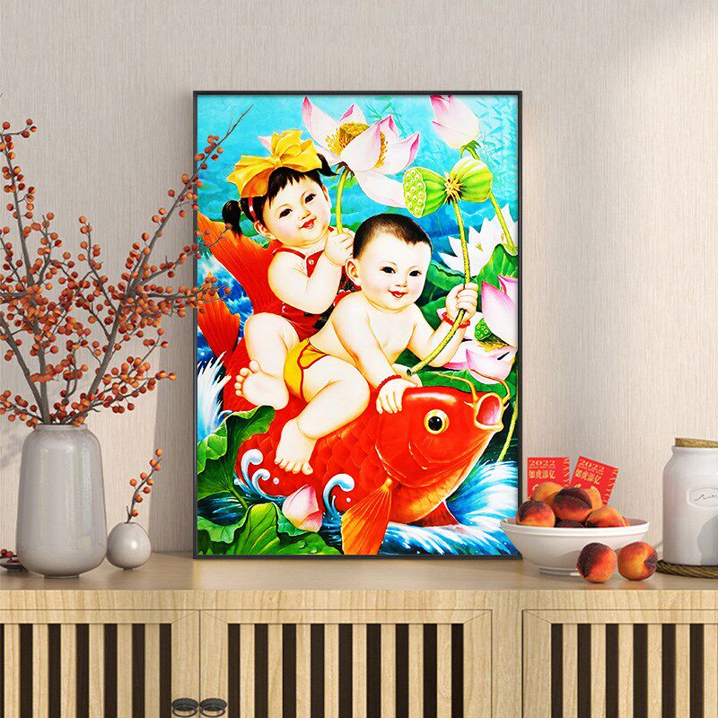 娃娃送子图求子年画宝宝装饰画助孕龙凤胎挂画婚房喜娃图结婚礼物