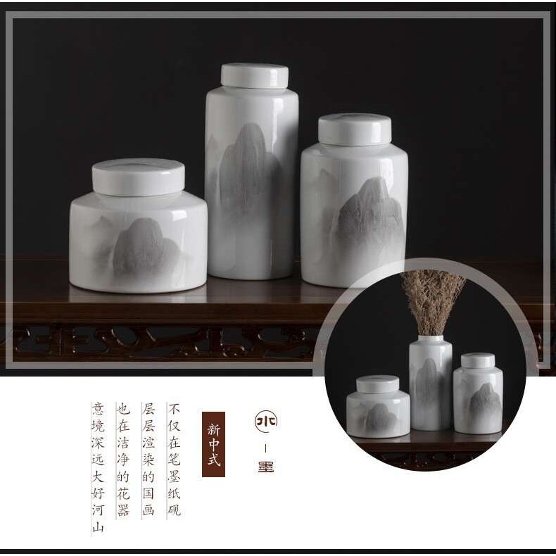 新中式水墨陶瓷储物罐书房客厅门厅玄关酒店橱窗花瓶摆件