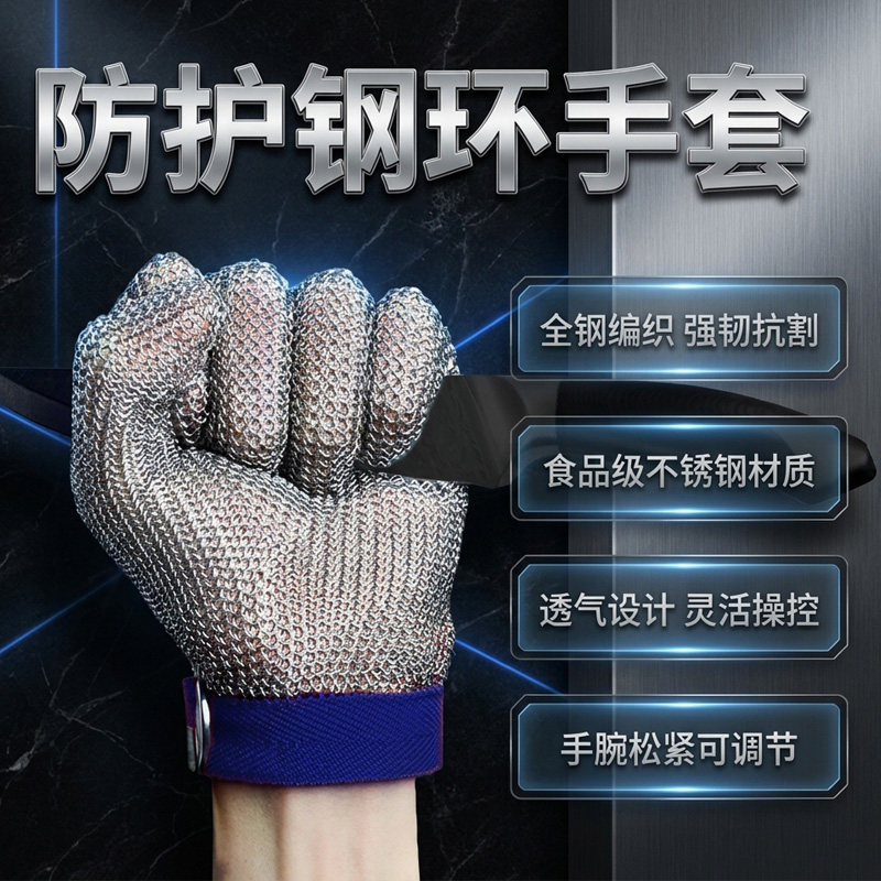 vian防割手套钢丝钢环G318金属防护五指防切割防刺防扎不锈钢手套
