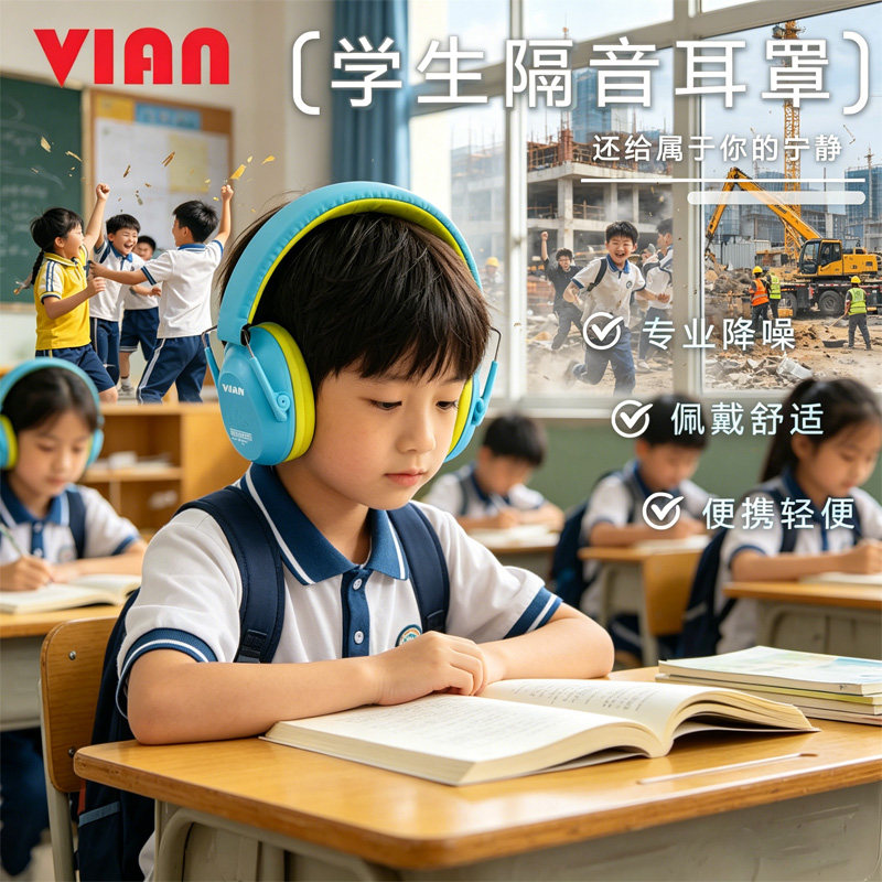 VIAN学生耳罩儿童耳罩985专业架子鼓降噪隔音耳机学习睡觉防吵