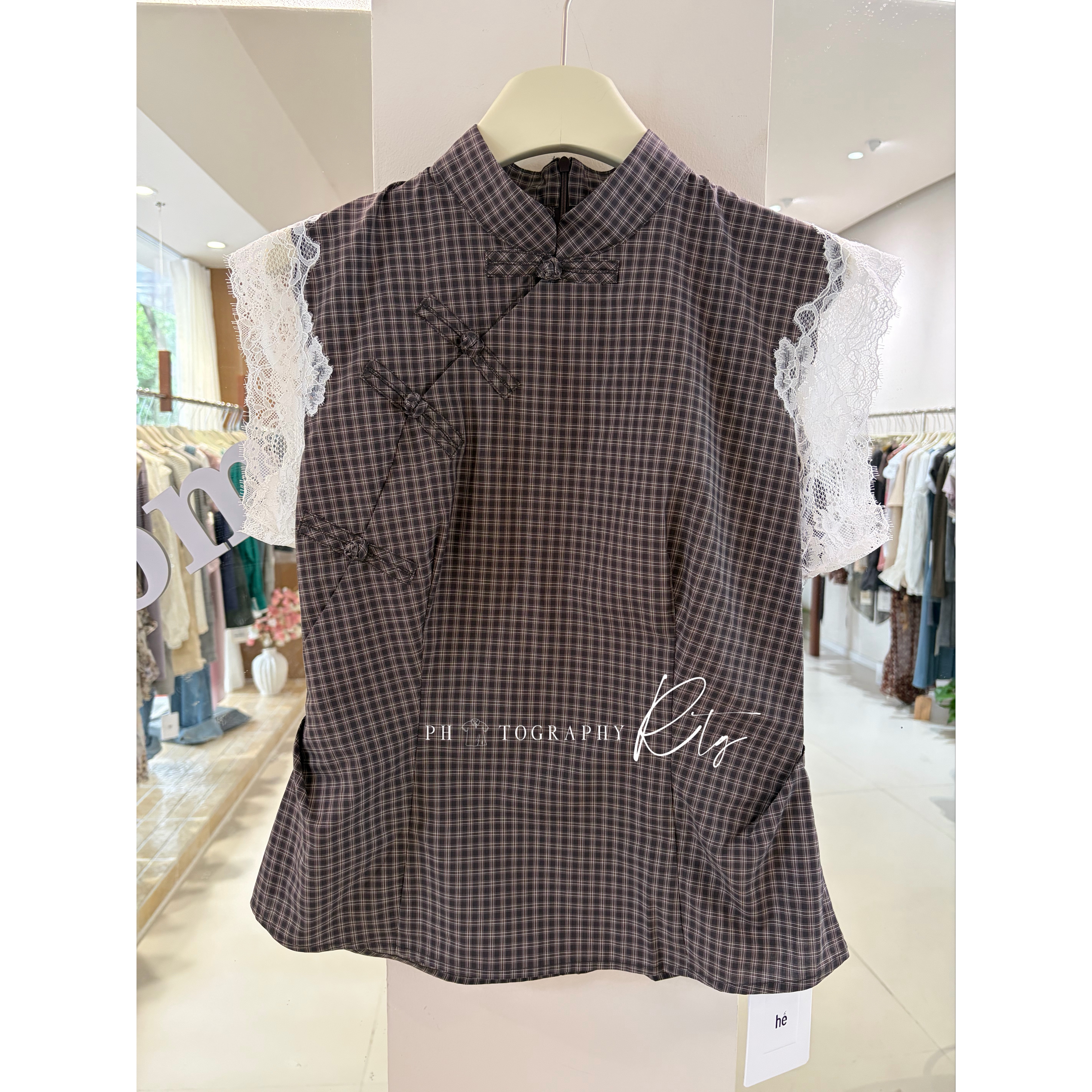 Rtg Clothing新款小众设计师款原单正品时尚蕾丝边盘扣格子上衣