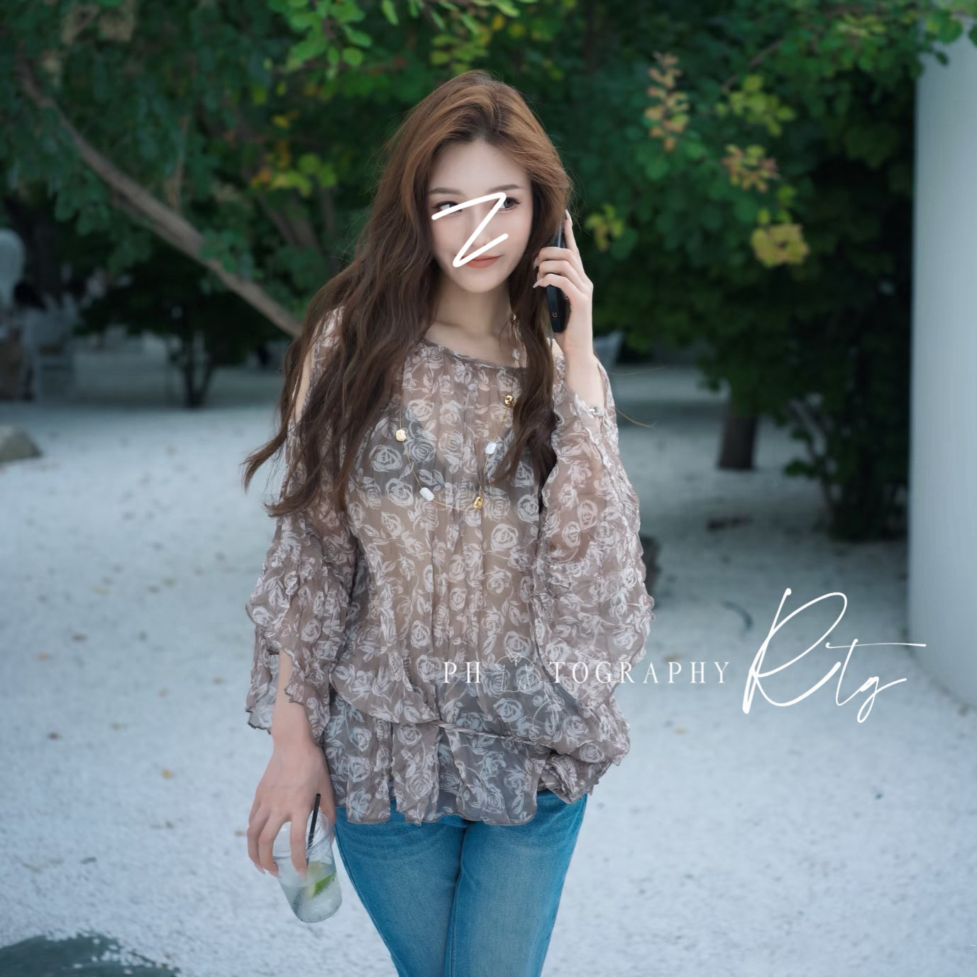 Rtg Clothing新款小众设计款正品时尚气质露肩花朵腰带碎花上衣
