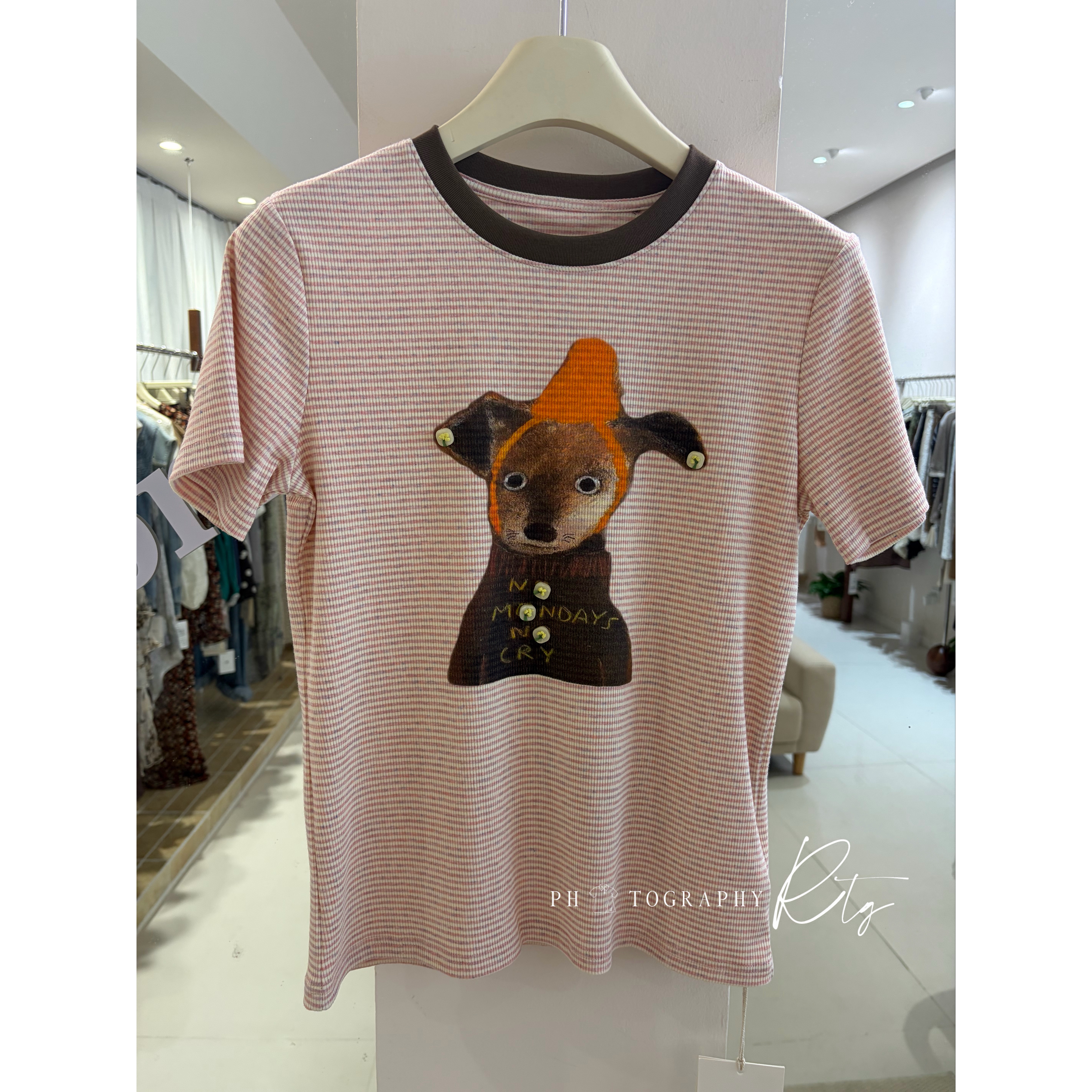Rtg Clothing新款设计师小众原单百搭色织条纹粉色休闲短袖T恤
