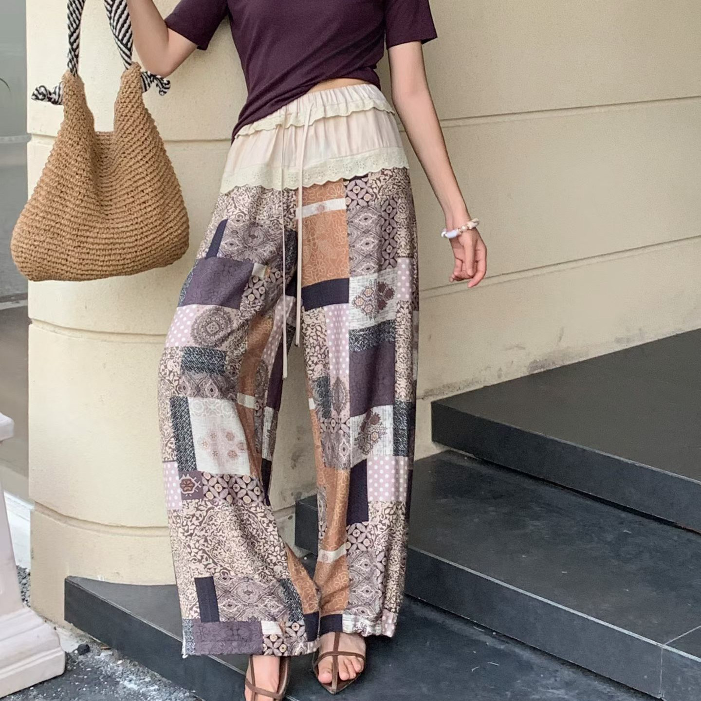 Rtg Clothing新款设计师原单正品民族风直筒印花蕾丝边休闲裤
