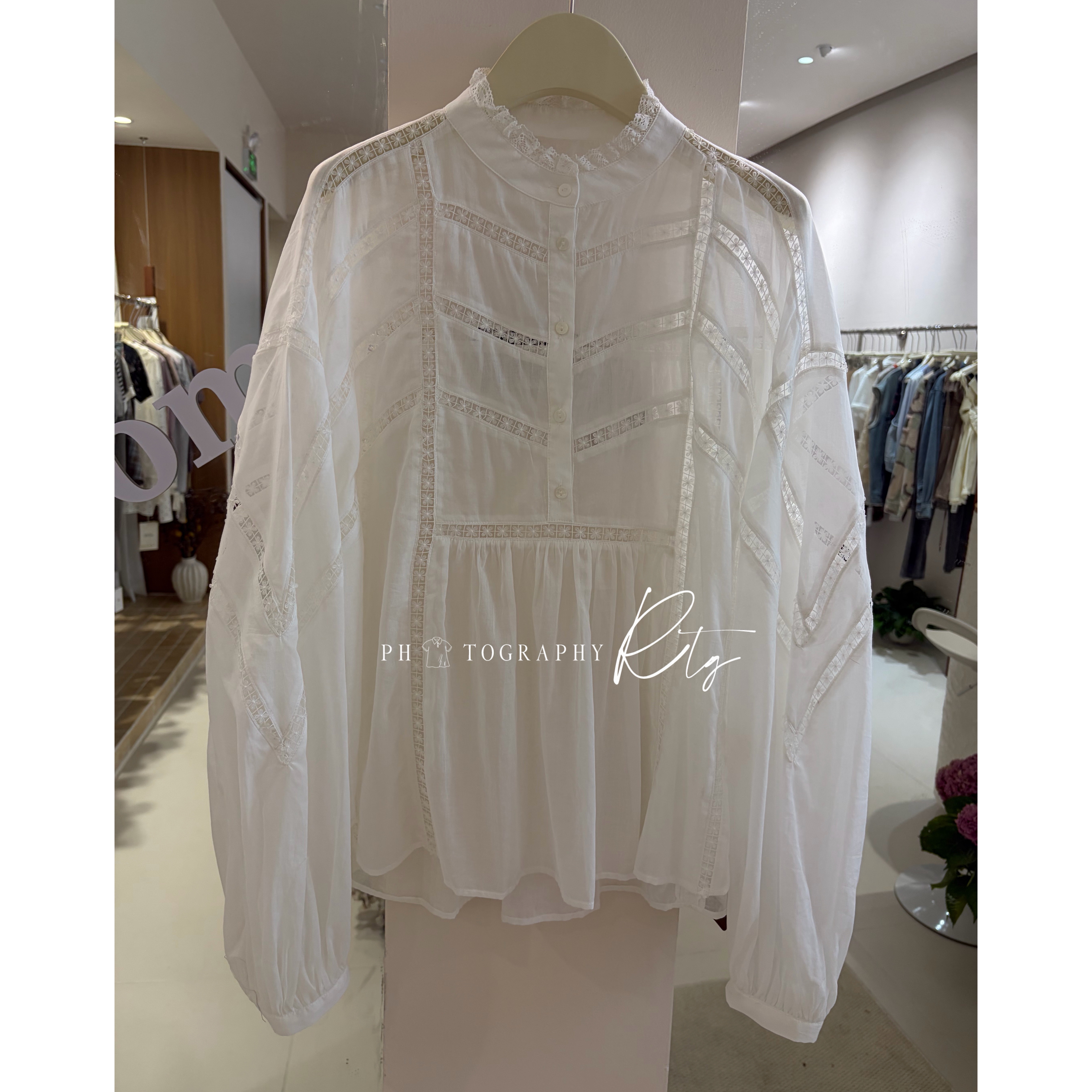 Rtg Clothing新款设计师小众原单百搭蕾丝拼接白色长袖上衣
