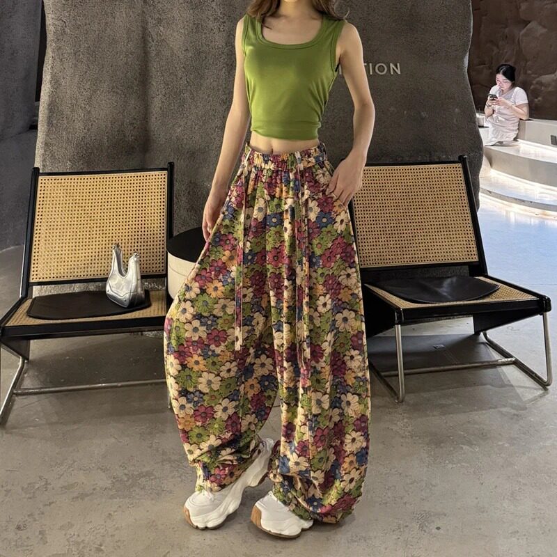 夏季冰感高腰显瘦碎花阔腿裤
