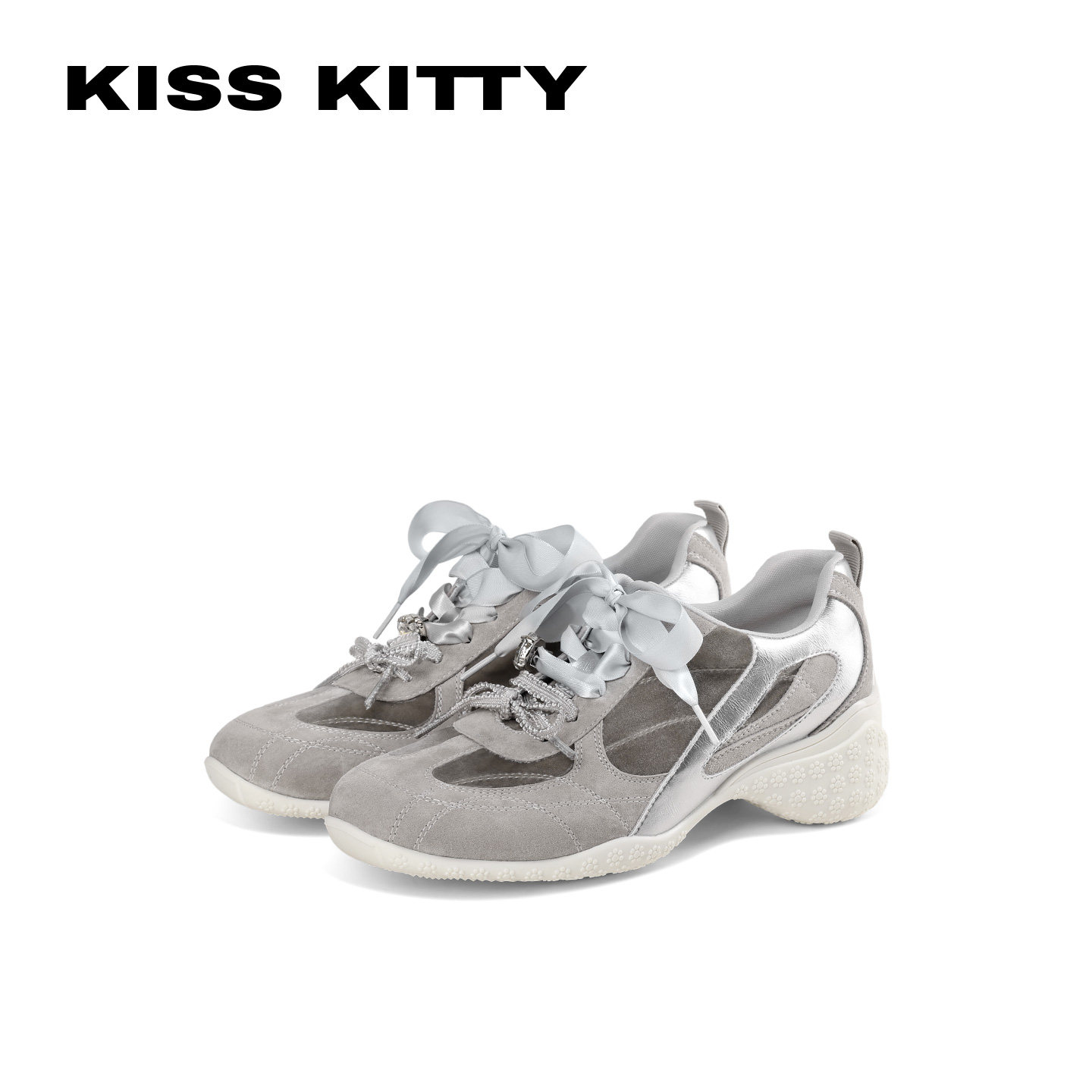 KISS KITTY德训鞋女厚底休闲鞋百搭轻便深口系带蝴蝶结平底运动鞋