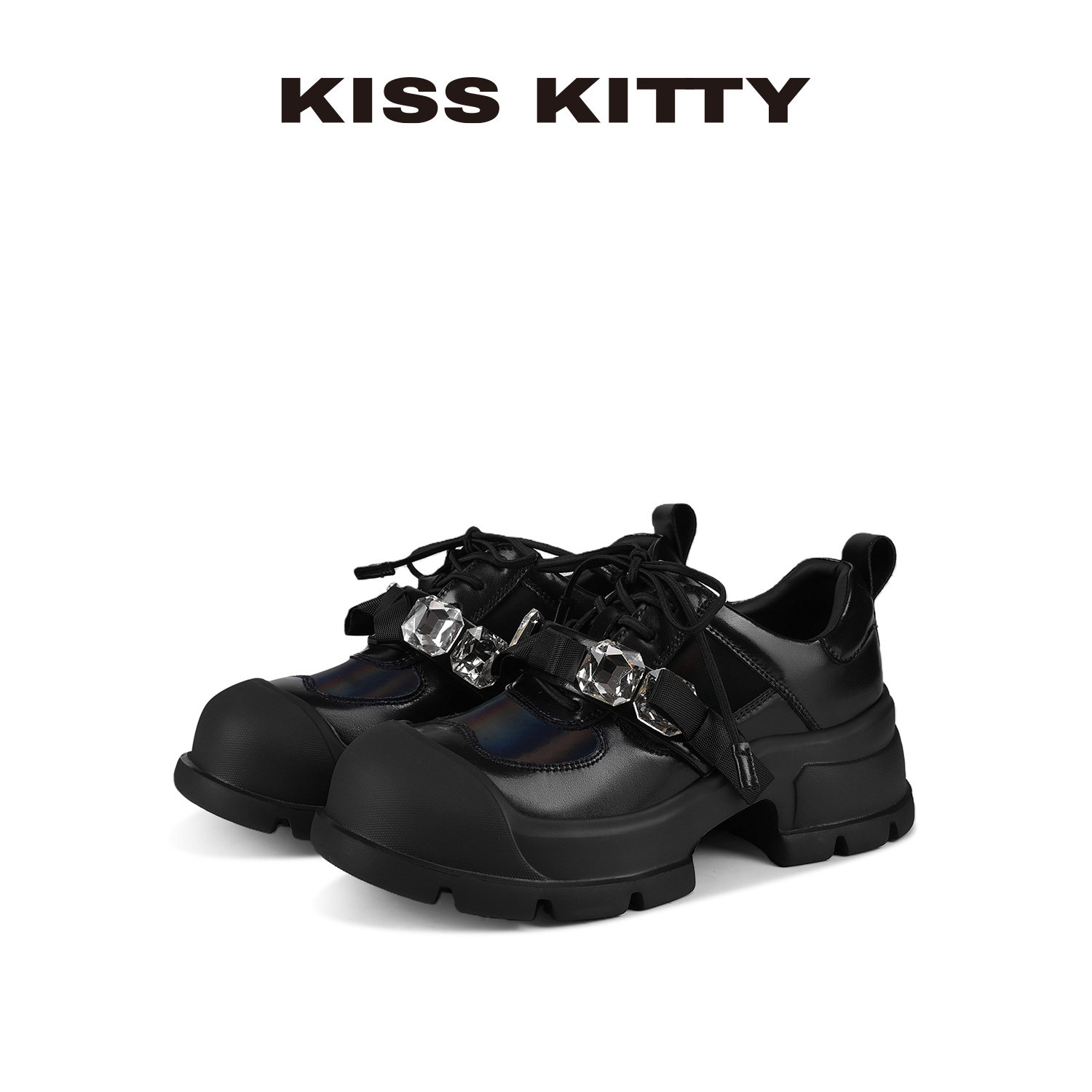 KISSKITTY厚底乐福鞋女水钻绑带老爹鞋休闲皮鞋轻奢风高跟女鞋