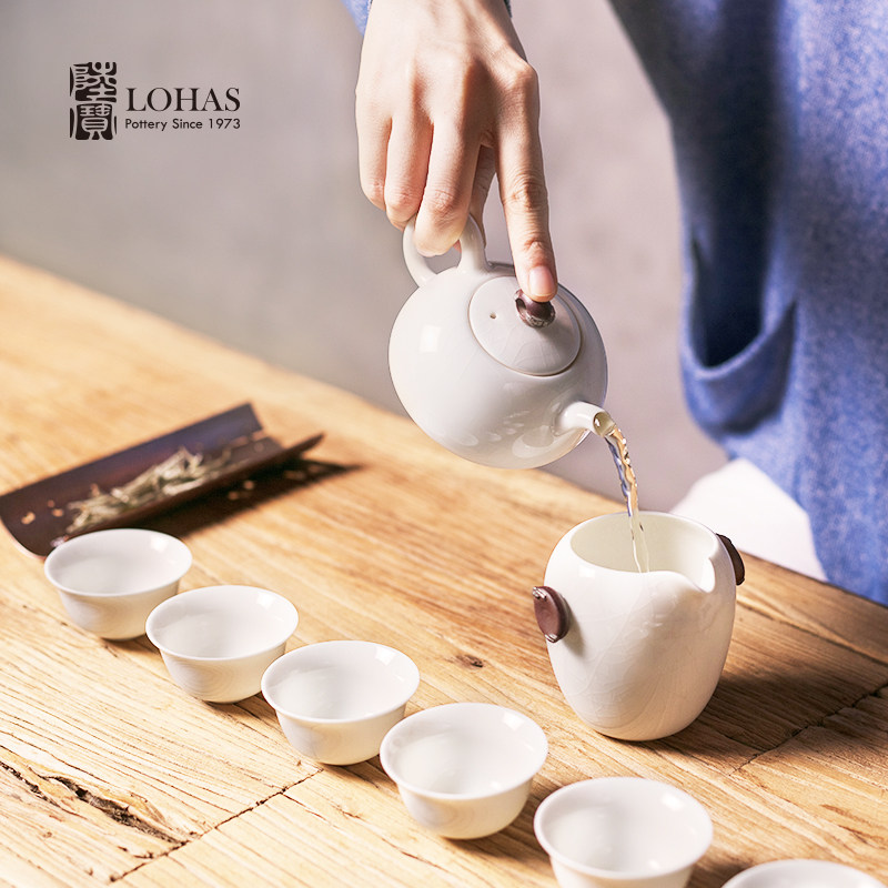 陆宝青瓷功夫茶具组 冰裂釉一壶六杯家用 中式茶具实用泉石茶组