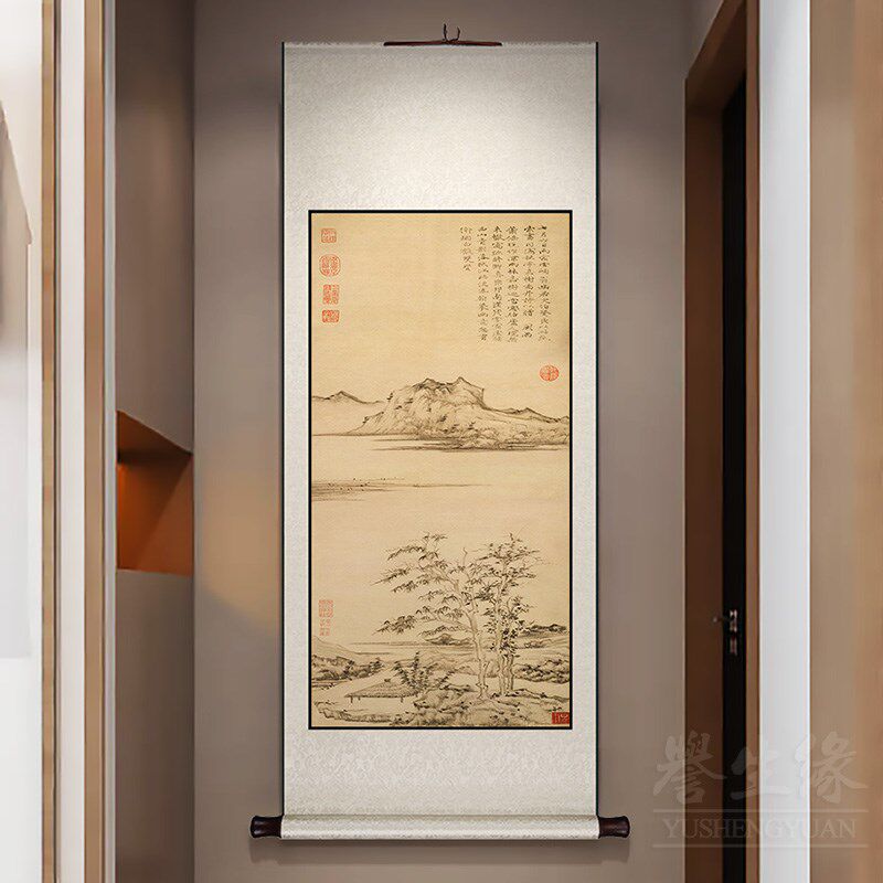 倪瓒秋亭嘉树图中式卷轴挂画餐厅书房装饰画玄关客厅过道山水国画