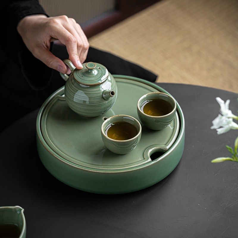 竹青釉陶瓷蓄水圆盘复古风圆形储水式茶盘中式青瓷家用功夫茶具