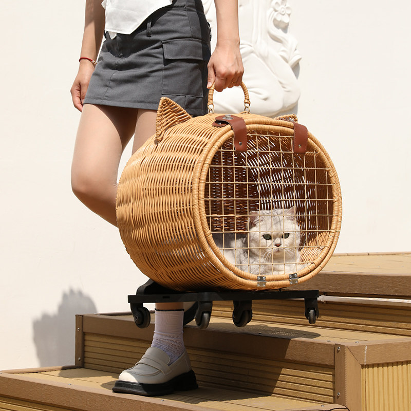 藤编拉杆猫包 便携式猫推车 可载20斤猫只 车载用宠物推车