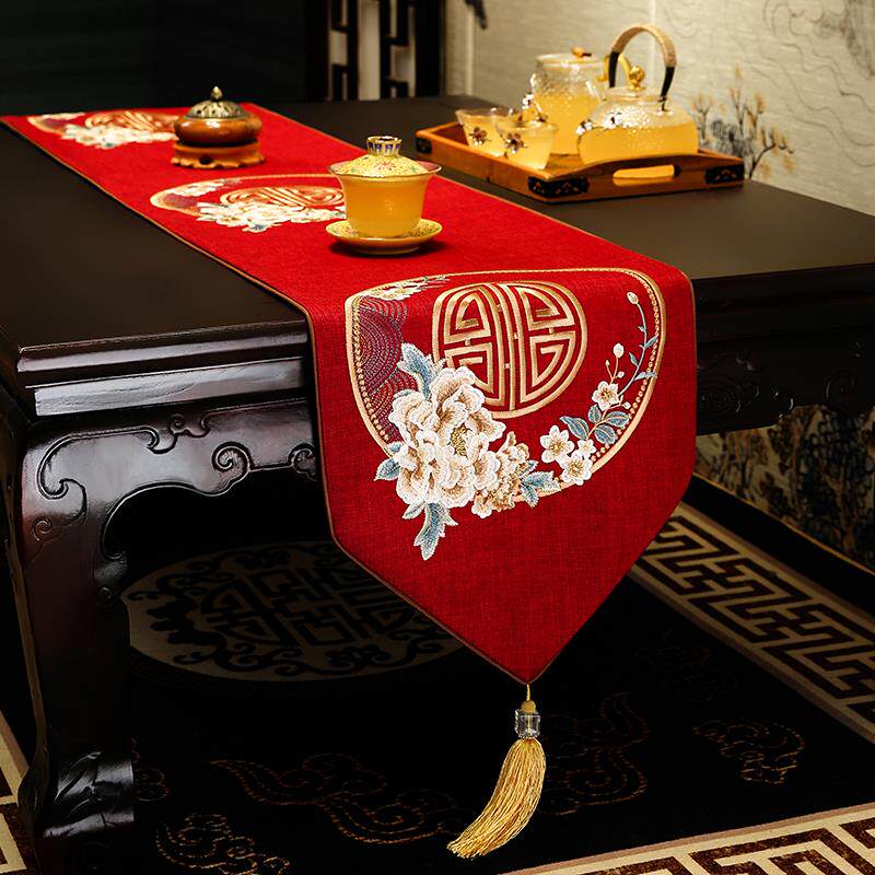 东方意境喜庆桌旗红色结婚婚礼装饰电视柜餐桌布新中式喜字茶桌布