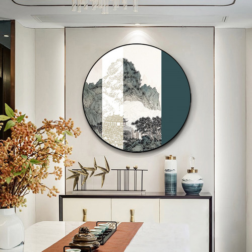 玄关装饰画圆形新中式客厅入户画餐厅软装沙发背景墙卧室山水挂画