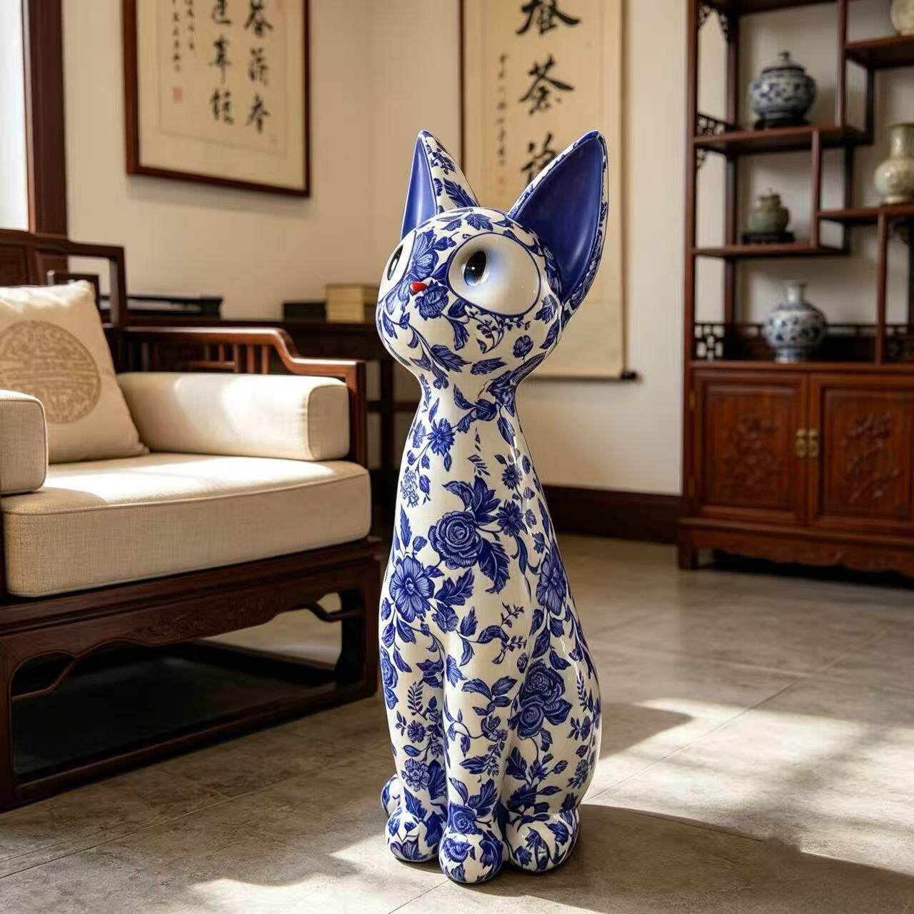 青花瓷猫咪型家居客厅电视柜沙旁边落地大物装饰发搬家AMJ开业礼