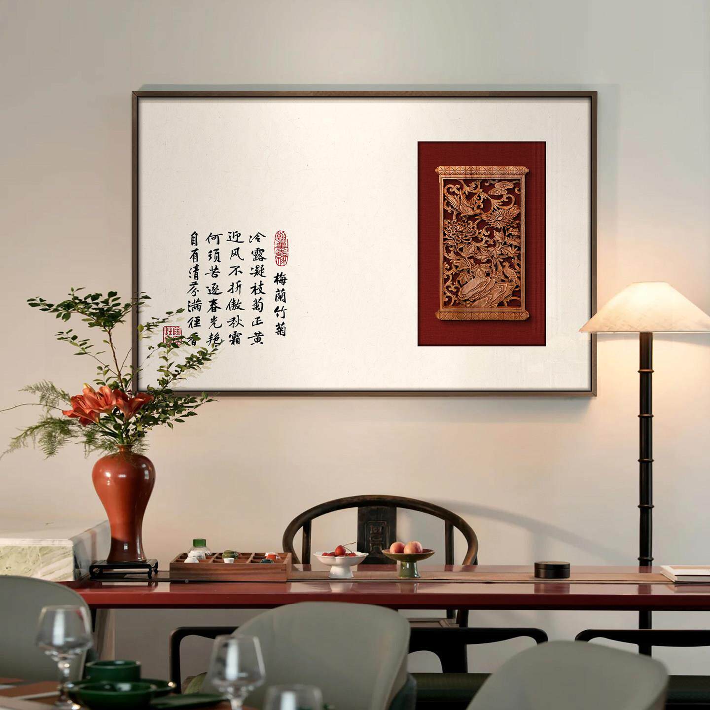 新式酒店别墅餐中实物立木雕K-210挂画梅厅兰竹菊茶室禅意艺术装
