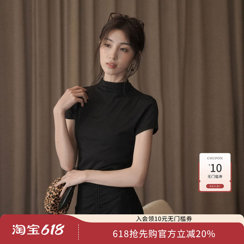 夏季半高领显瘦短袖针织T恤女