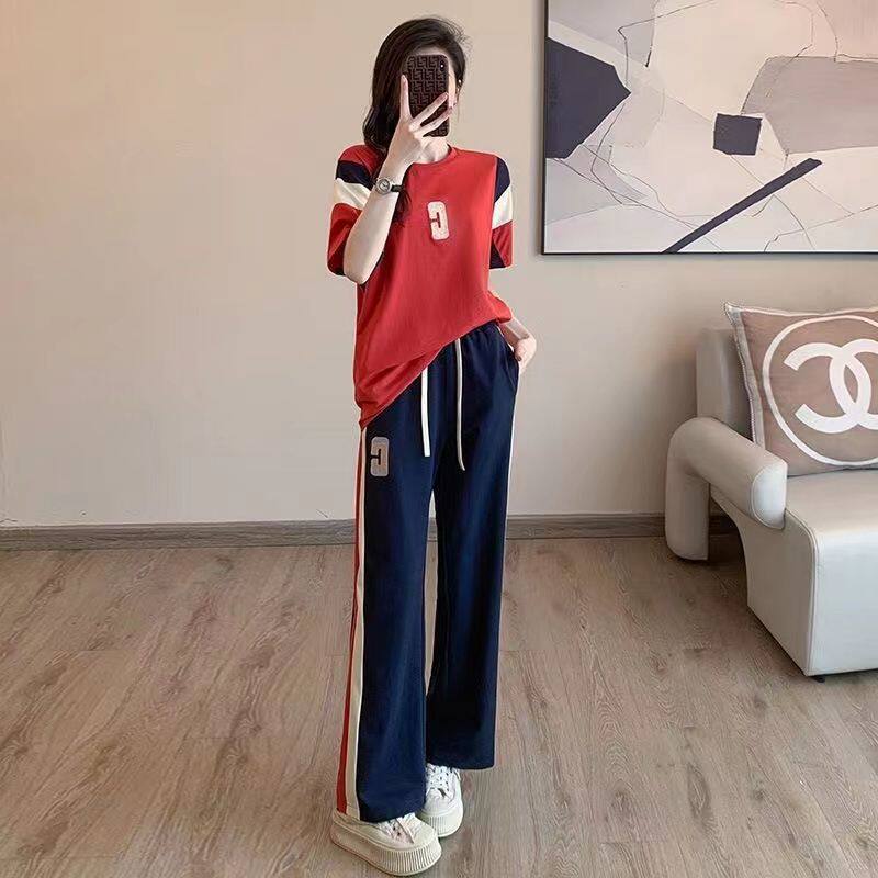 休闲运动套装女夏新款韩版宽松显瘦短袖上衣时尚减龄阔腿裤两件套