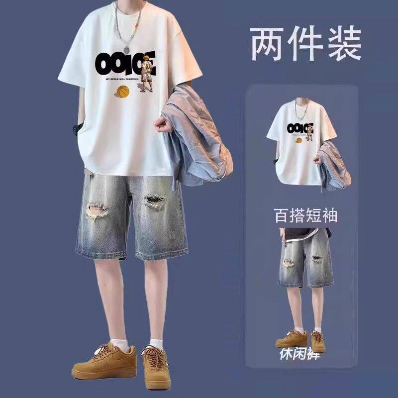纯棉男生休闲潮流套装夏季搭配牛仔宽松短裤短袖青少年帅气一套