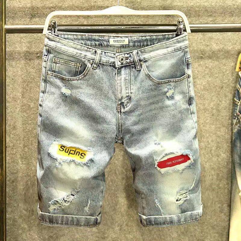夏季薄款日系浅色破洞牛仔短裤男生宽松直筒五分休闲中裤乞丐裤子