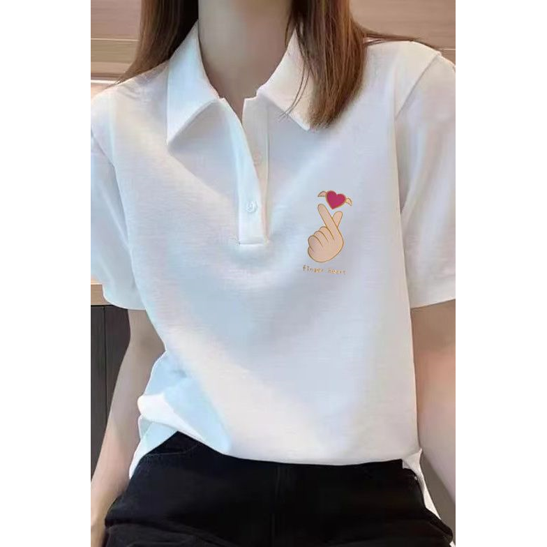 法式polo衫女短袖t恤夏季新款韩版宽松百搭纯棉显瘦白色上衣ins