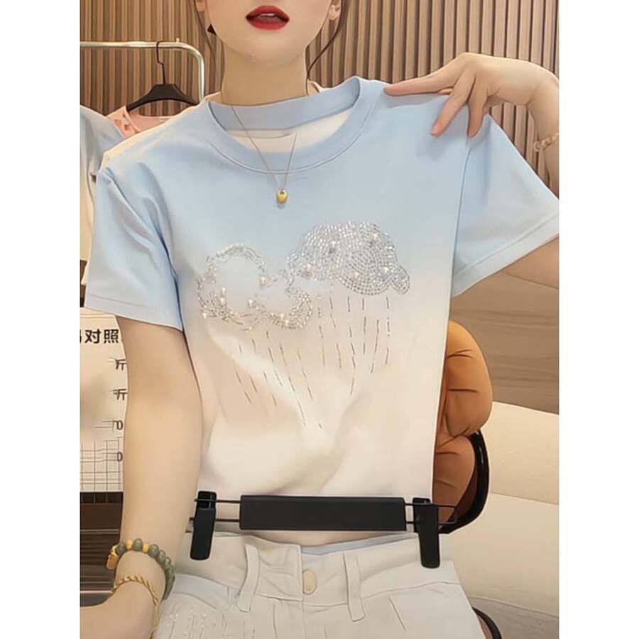 韩版夏季新款蓝白渐变短袖T恤女小个子立体珍珠烫钻显瘦正肩上衣
