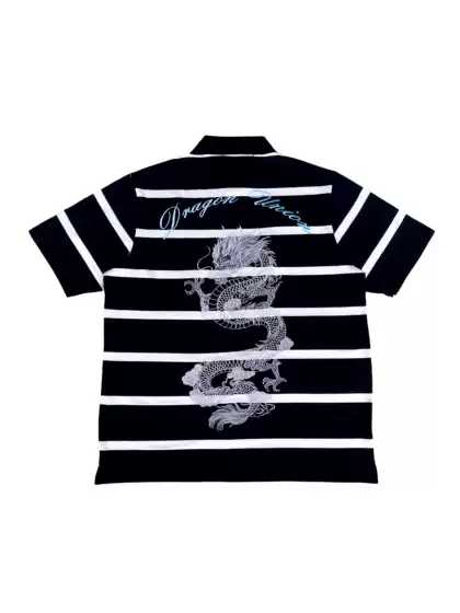 Striped Dragon Embroidery Polo 200,000 Stitch Dragon Pattern Embroidery Striped Polo Black and White
