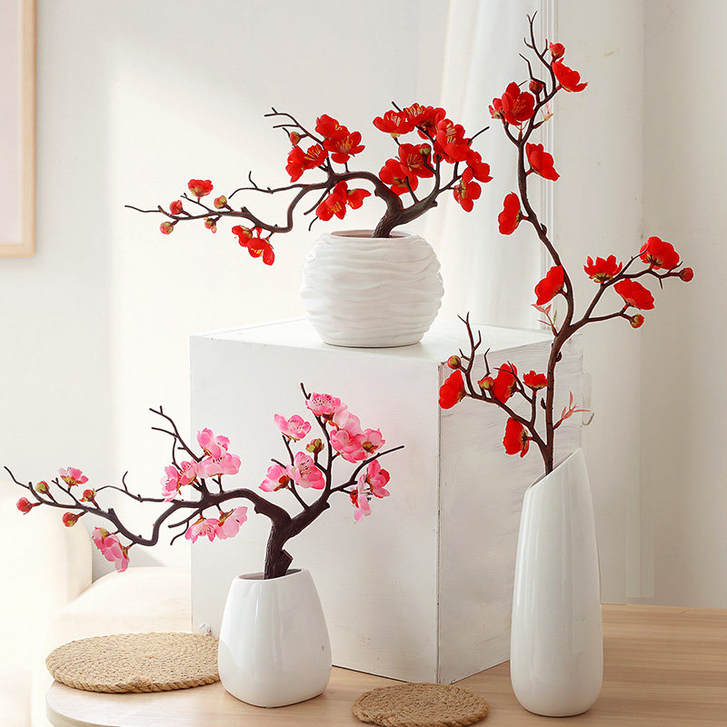 彷真梅花桃花枝摆件客厅干燥花盆景腊梅摆设花盆栽客厅室内装饰假