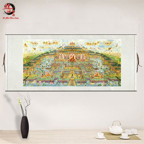 西方极乐世界 西方净土全景图 西方三圣丝绸画 横幅供奉挂画