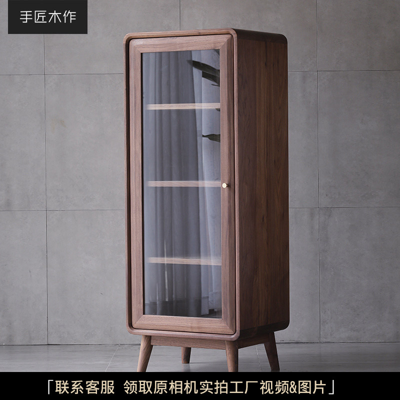 北欧轻奢黑胡桃木实木电视柜边柜侧柜沙发客厅立柜玻璃置物柜书柜