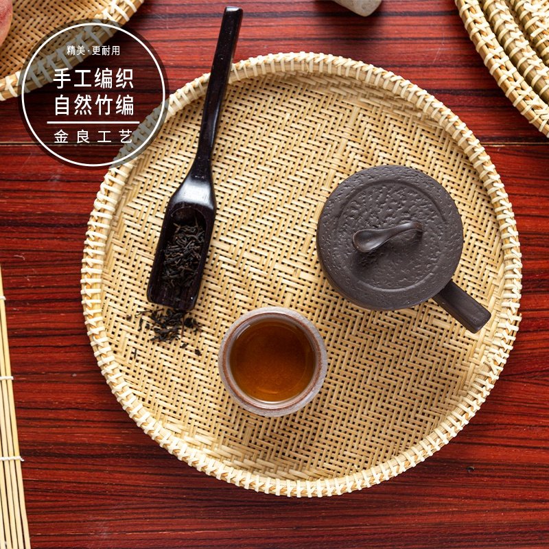 精品手编竹扁竹筛镂空饺子盘家用晾晒竹簸箕圆形小筛子餐厅竹托盘