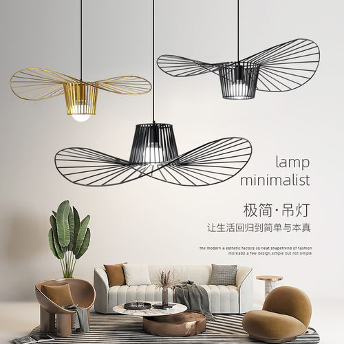 loft简约创意餐厅工业风吊灯北欧铁艺草帽吊灯设计师客厅帽子吊灯