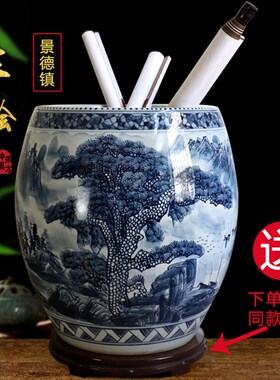 景德镇陶瓷器手绘青花瓷画缸收纳筒字画桶箭筒卷轴缸书画山水冬瓜