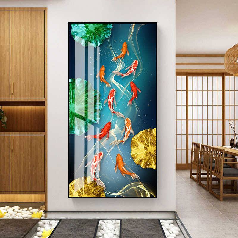 九鱼图玄关装饰画走廊竖版入门北欧式过道进门壁画挂画玄幻背景画