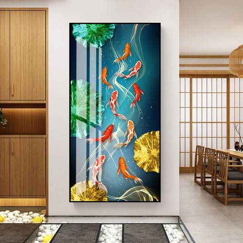 九鱼图玄关装饰画走廊竖版入门北欧式过道进门壁画挂画玄幻背景画