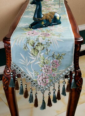 风影竹韵 新中式电视柜斗柜桌旗餐桌茶几桌布 立体浮雕提花蓝色