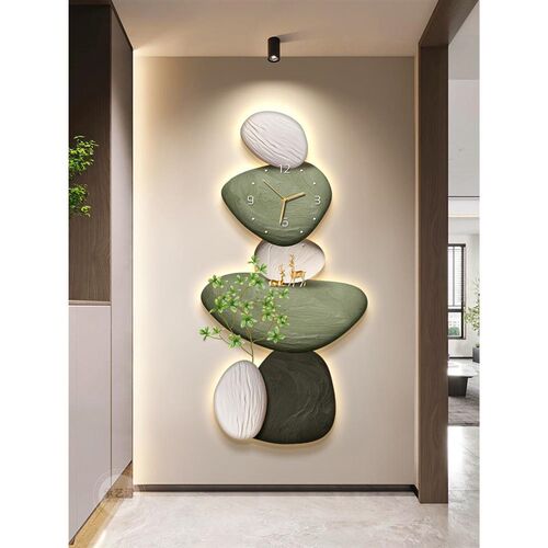 石来运转入户玄关装饰画带钟表发光灯画走廊尽头电视墙好寓意挂画