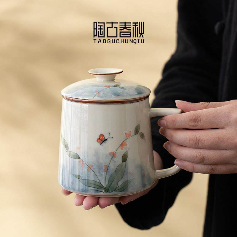 手草灰绘青花陶瓷草木灰手泡茶茶杯木个专用茶水分离人过滤办公杯