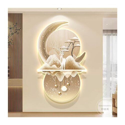 过道走廊高级福鹿挂画客厅简约发光壁灯画大气复式楼梯玄关装饰画