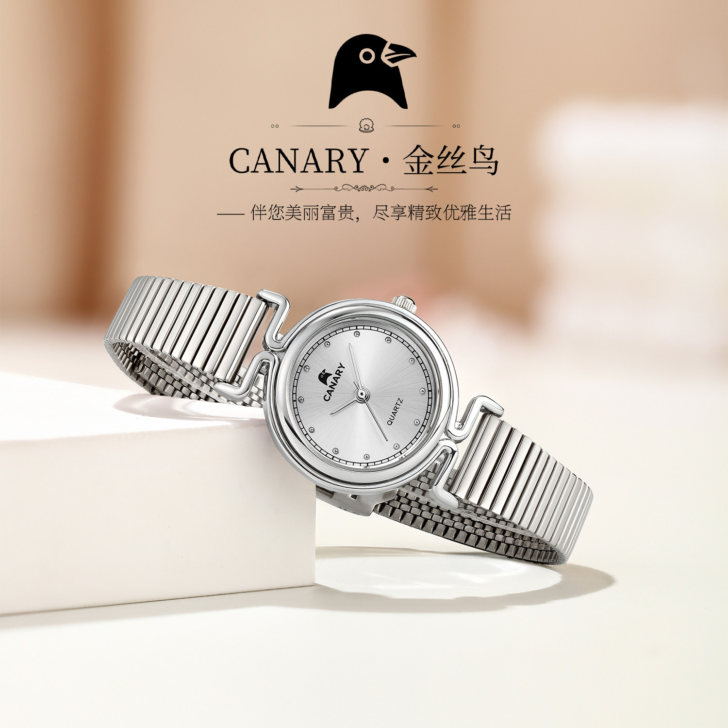 CANARY金丝鸟瑞士轻奢女表钢带礼物日本进口石英机芯腕表简约气质